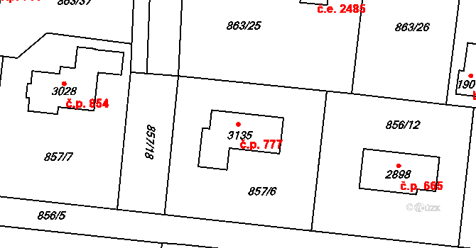 Litice 777, Plzeň na parcele st. 3135 v KÚ Valcha, Katastrální mapa
