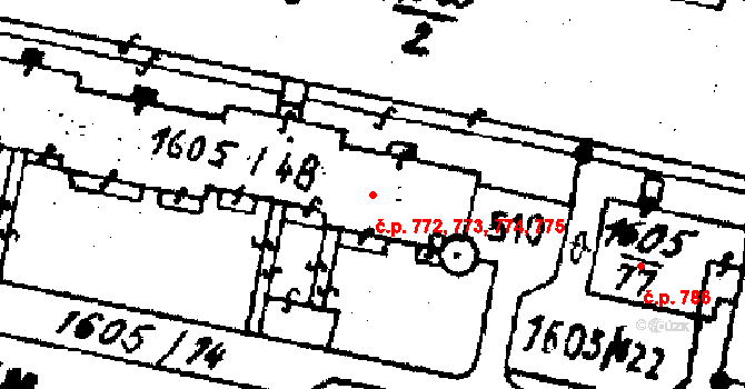 Kostelec na Hané 772,773,774,775 na parcele st. 1605/48 v KÚ Kostelec na Hané, Katastrální mapa