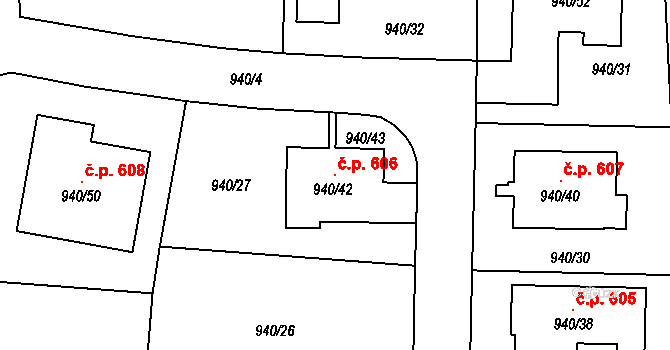Dobšice 606 na parcele st. 940/42 v KÚ Dobšice u Znojma, Katastrální mapa