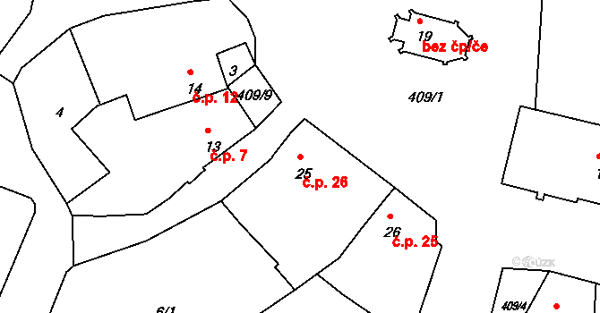 Horní Miletín 26, Lišov na parcele st. 25 v KÚ Horní Miletín, Katastrální mapa