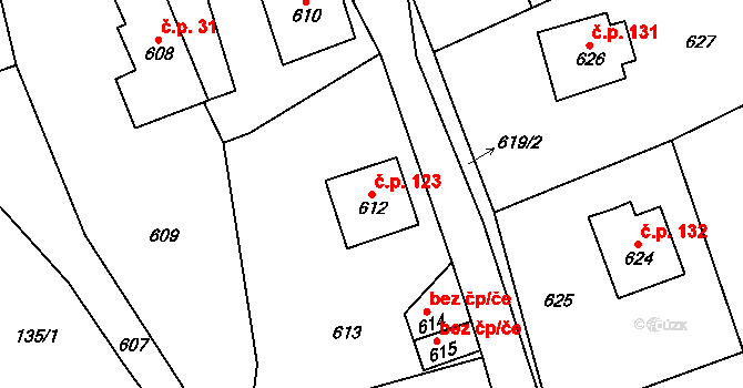Haratice 123, Plavy na parcele st. 612 v KÚ Haratice, Katastrální mapa