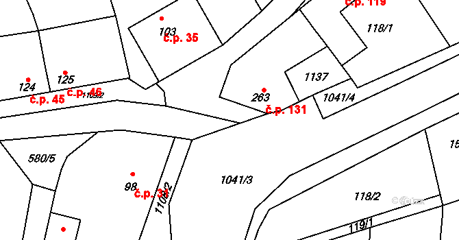 Olšany 131, Brandýsek na parcele st. 263 v KÚ Brandýsek, Katastrální mapa