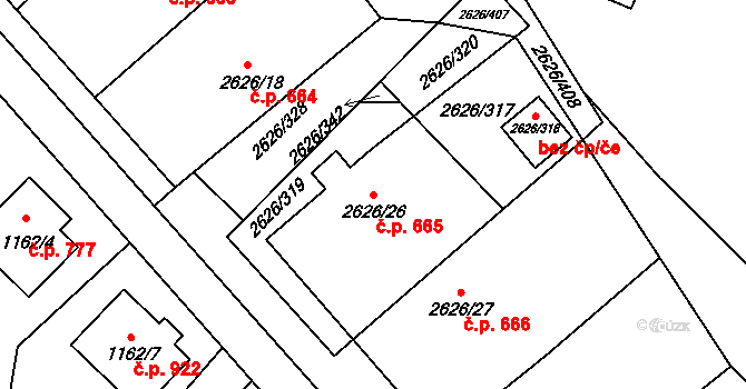 Doksy 665 na parcele st. 2626/26 v KÚ Doksy u Máchova jezera, Katastrální mapa