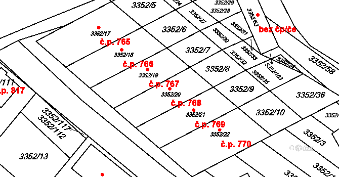 Šardice 768 na parcele st. 3352/20 v KÚ Šardice, Katastrální mapa
