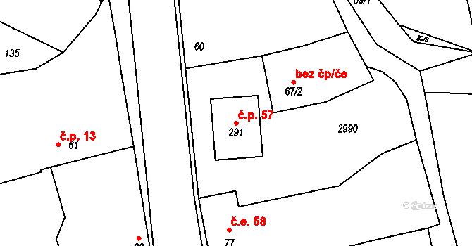 Křivsoudov 57 na parcele st. 291 v KÚ Křivsoudov, Katastrální mapa