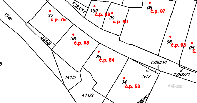 Střelské Hoštice 54 na parcele st. 35 v KÚ Střelské Hoštice, Katastrální mapa