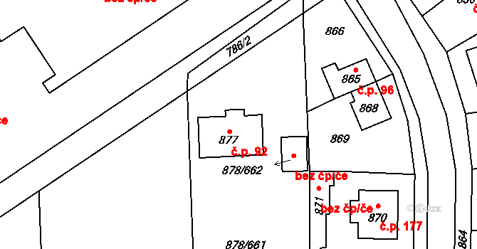 Káraný 92 na parcele st. 877 v KÚ Káraný, Katastrální mapa