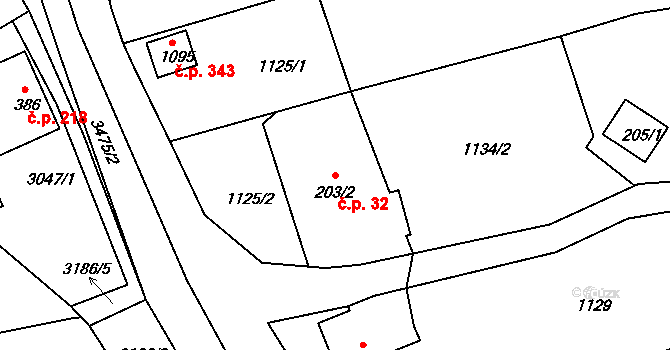 Jílové 32 na parcele st. 203/2 v KÚ Jílové u Děčína, Katastrální mapa