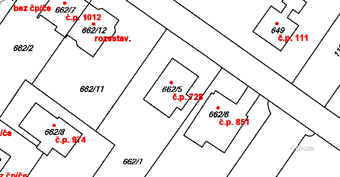 Klánovice 728, Praha na parcele st. 662/5 v KÚ Klánovice, Katastrální mapa