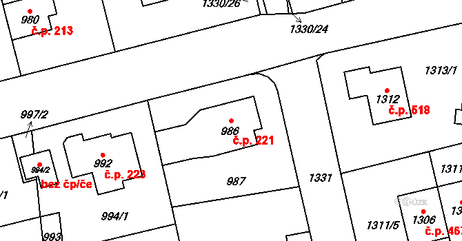 Vinoř 221, Praha na parcele st. 986 v KÚ Vinoř, Katastrální mapa