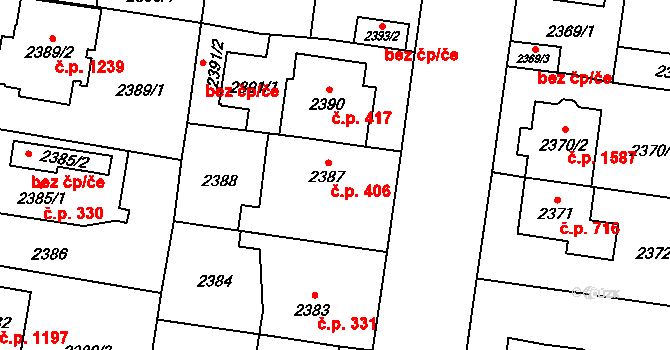 Kyje 406, Praha na parcele st. 2387 v KÚ Kyje, Katastrální mapa