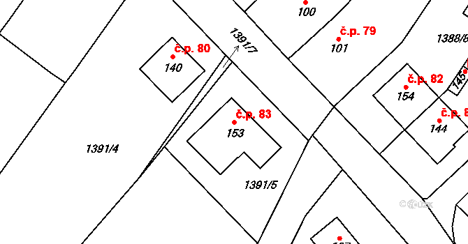 Lhánice 83 na parcele st. 153 v KÚ Lhánice, Katastrální mapa