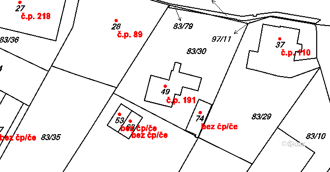 Kerhartice 191, Ústí nad Orlicí na parcele st. 49 v KÚ Gerhartice, Katastrální mapa