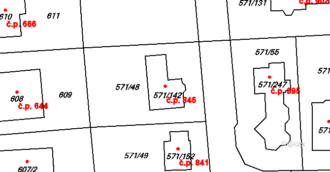 Šeberov 845, Praha na parcele st. 571/142 v KÚ Šeberov, Katastrální mapa