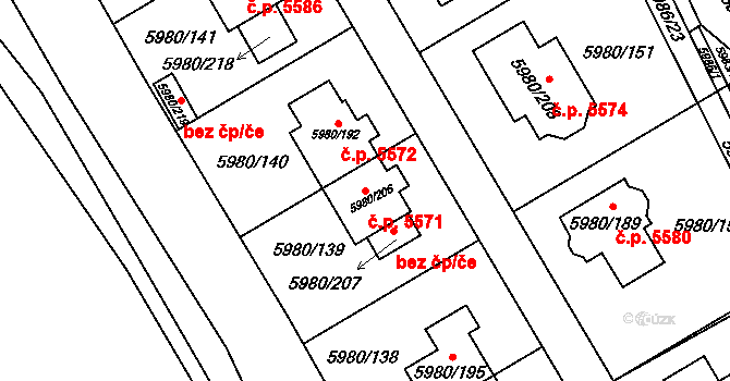 Chomutov 5571 na parcele st. 5980/206 v KÚ Chomutov I, Katastrální mapa