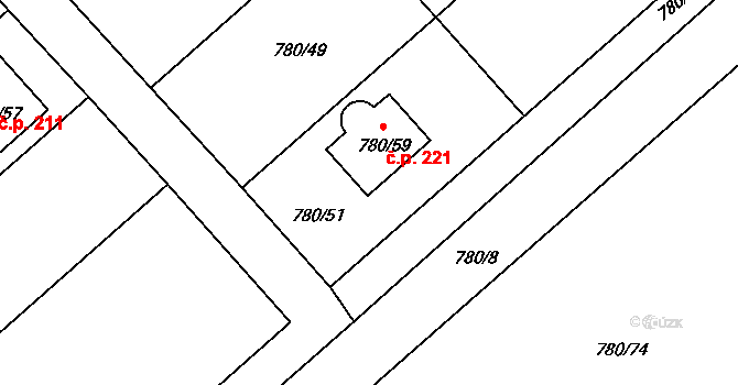 Myslibořice 221 na parcele st. 780/59 v KÚ Myslibořice, Katastrální mapa