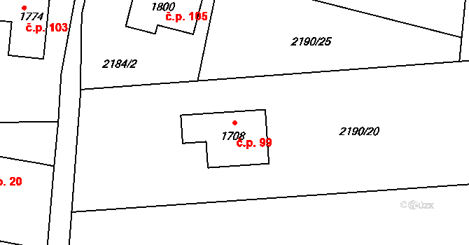 Zalány 99, Rožmitál pod Třemšínem na parcele st. 1708 v KÚ Rožmitál pod Třemšínem, Katastrální mapa