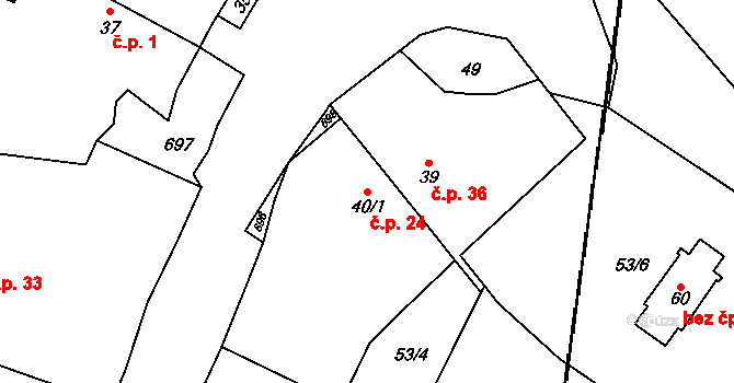 Jetenovice 24, Velký Bor na parcele st. 40/1 v KÚ Jetenovice, Katastrální mapa