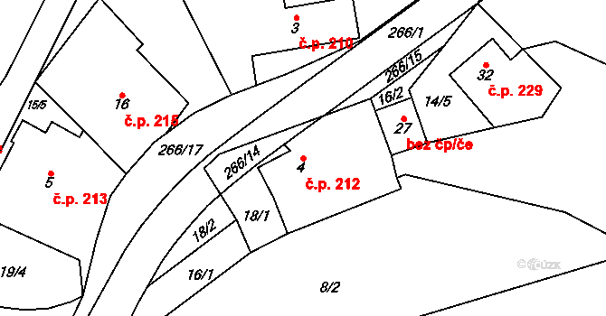 Vír 212 na parcele st. 4 v KÚ Hrdá Ves, Katastrální mapa