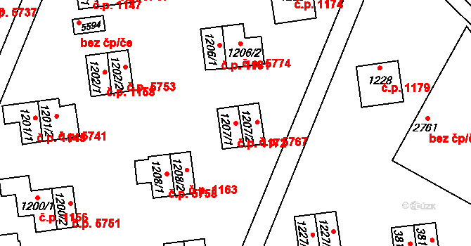 Zlín 1172 na parcele st. 1207/1 v KÚ Zlín, Katastrální mapa