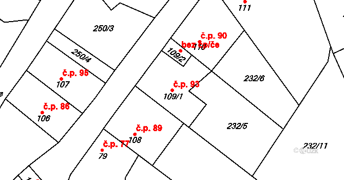 Červený Újezd 93 na parcele st. 109/1 v KÚ Červený Újezd, Katastrální mapa