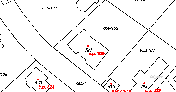Psáry 325 na parcele st. 729 v KÚ Psáry, Katastrální mapa
