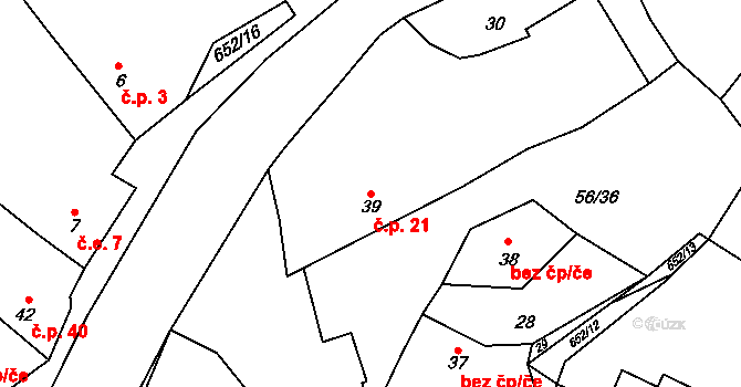 Poděvousy 21 na parcele st. 39 v KÚ Poděvousy, Katastrální mapa