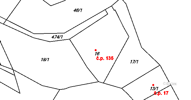 Hrádek 135 na parcele st. 16 v KÚ Hrádek u Rokycan, Katastrální mapa