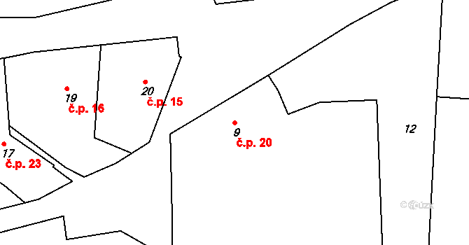 Miskolezy 20, Chvalkovice na parcele st. 9 v KÚ Miskolezy, Katastrální mapa