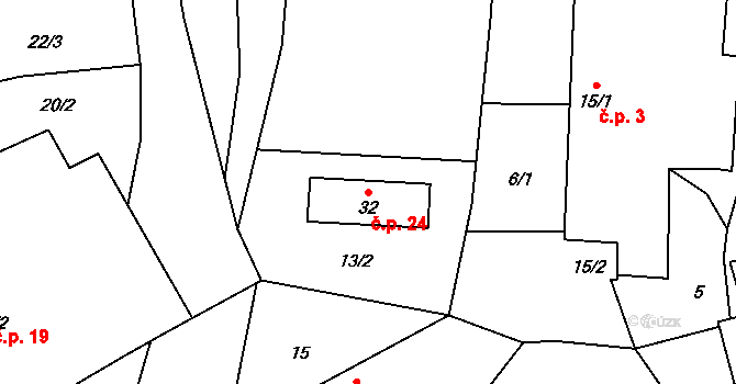 Těchoraz 24, Červená Řečice na parcele st. 32 v KÚ Těchoraz, Katastrální mapa