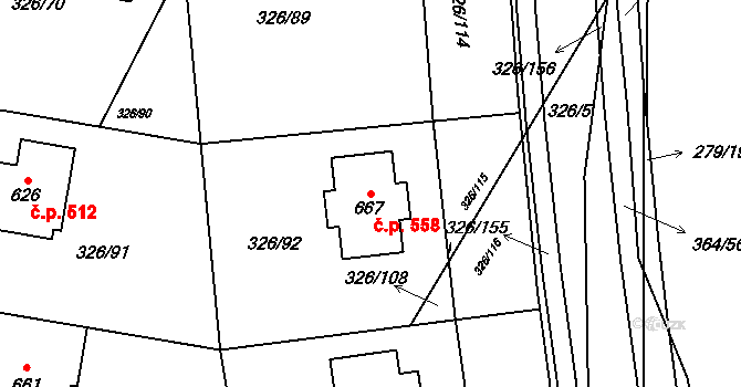 Bradlec 558 na parcele st. 667 v KÚ Bradlec, Katastrální mapa