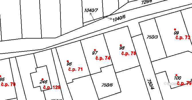 Mírovka 74, Havlíčkův Brod na parcele st. 97 v KÚ Mírovka, Katastrální mapa