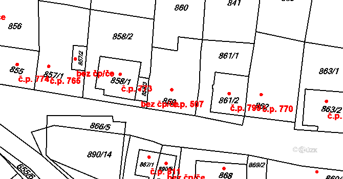 Klobouky u Brna 507 na parcele st. 859 v KÚ Klobouky u Brna, Katastrální mapa
