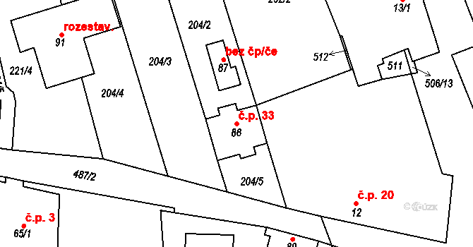 Bousín 33 na parcele st. 86 v KÚ Bousín, Katastrální mapa