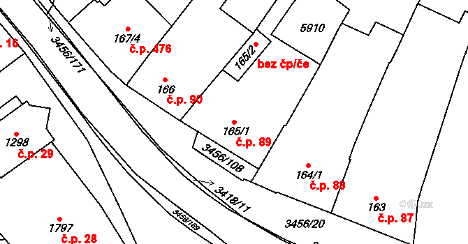 Hrušovany nad Jevišovkou 89 na parcele st. 165/1 v KÚ Hrušovany nad Jevišovkou, Katastrální mapa