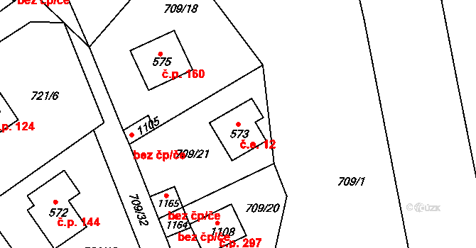 Měchenice 12 na parcele st. 573 v KÚ Měchenice, Katastrální mapa