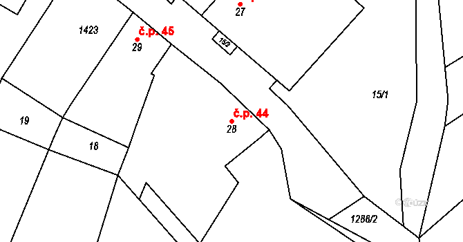 Dražůvky 44 na parcele st. 28 v KÚ Dražůvky, Katastrální mapa