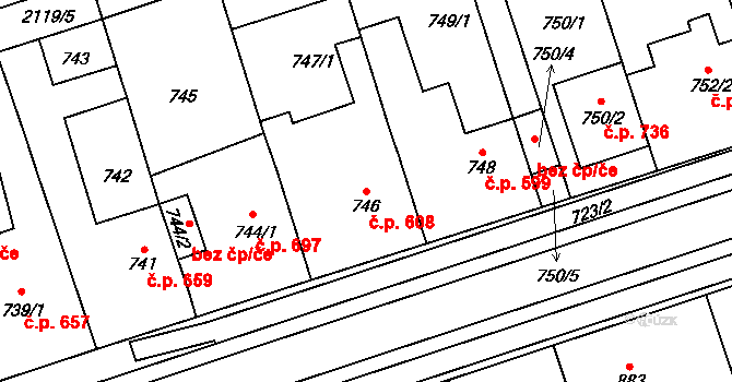 Lužice 608 na parcele st. 746 v KÚ Lužice u Hodonína, Katastrální mapa