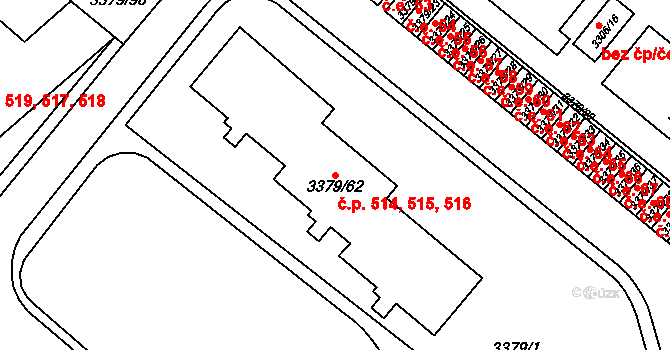 Dědice 514,515,516, Vyškov na parcele st. 3379/62 v KÚ Vyškov, Katastrální mapa