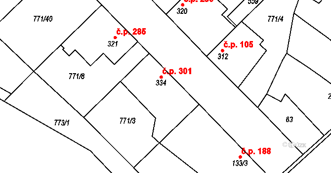 Cerhenice 301 na parcele st. 334 v KÚ Cerhenice, Katastrální mapa