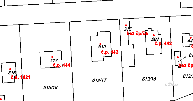 Olešovice 443, Kamenice na parcele st. 610 v KÚ Ládví, Katastrální mapa