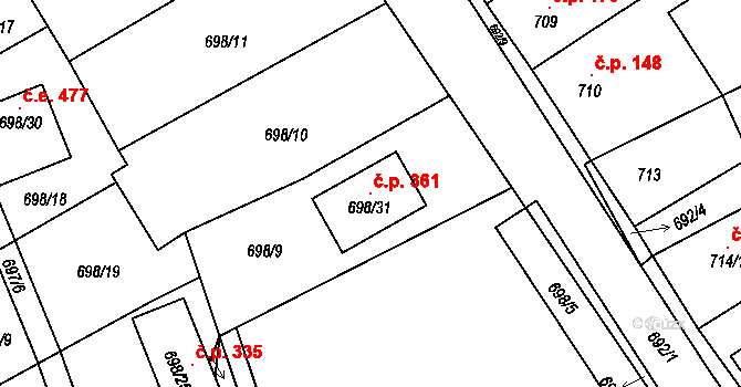 Bystřice 361, Dubí na parcele st. 698/31 v KÚ Dubí-Bystřice, Katastrální mapa