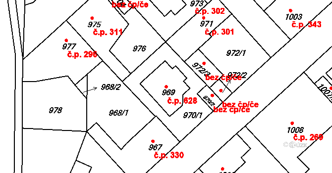 Tuchlovice 628 na parcele st. 969 v KÚ Tuchlovice, Katastrální mapa