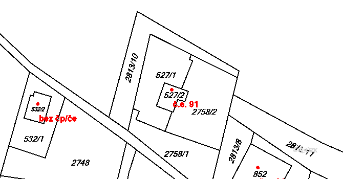 Filipovice 91, Bělá pod Pradědem na parcele st. 527/2 v KÚ Domašov u Jeseníka, Katastrální mapa