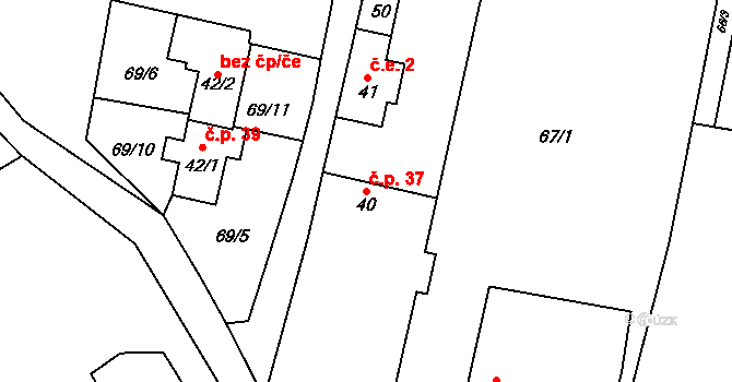 Strahov 37, Horní Kozolupy na parcele st. 40 v KÚ Strahov, Katastrální mapa