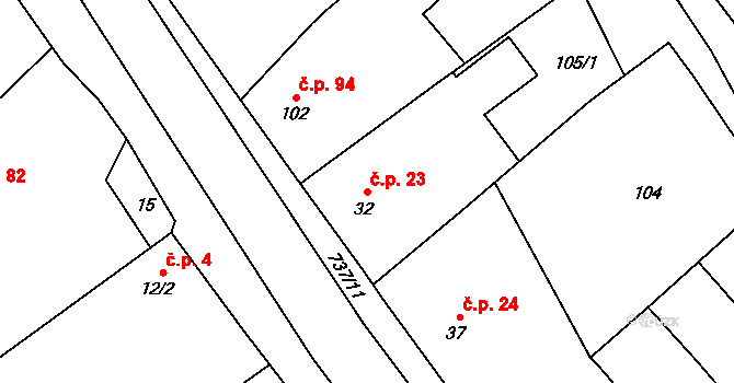 Stěžery 23 na parcele st. 32 v KÚ Stěžery, Katastrální mapa