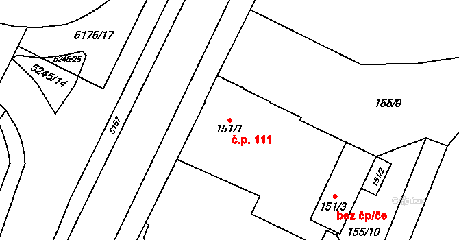 Místek 111, Frýdek-Místek na parcele st. 151/1 v KÚ Místek, Katastrální mapa