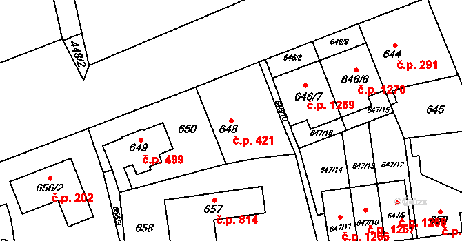 Řeporyje 421, Praha na parcele st. 648 v KÚ Řeporyje, Katastrální mapa