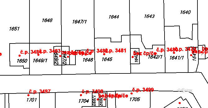 Chomutov 3481 na parcele st. 1645 v KÚ Chomutov II, Katastrální mapa