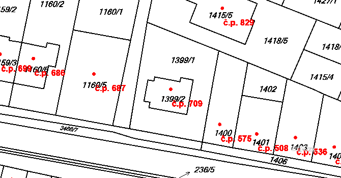 Střelice 709 na parcele st. 1399/2 v KÚ Střelice u Brna, Katastrální mapa